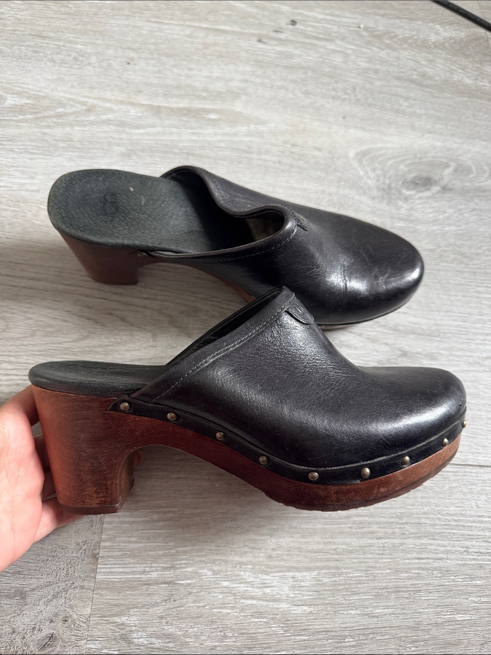UGG Black Leather Studded Wooden Clog Mules